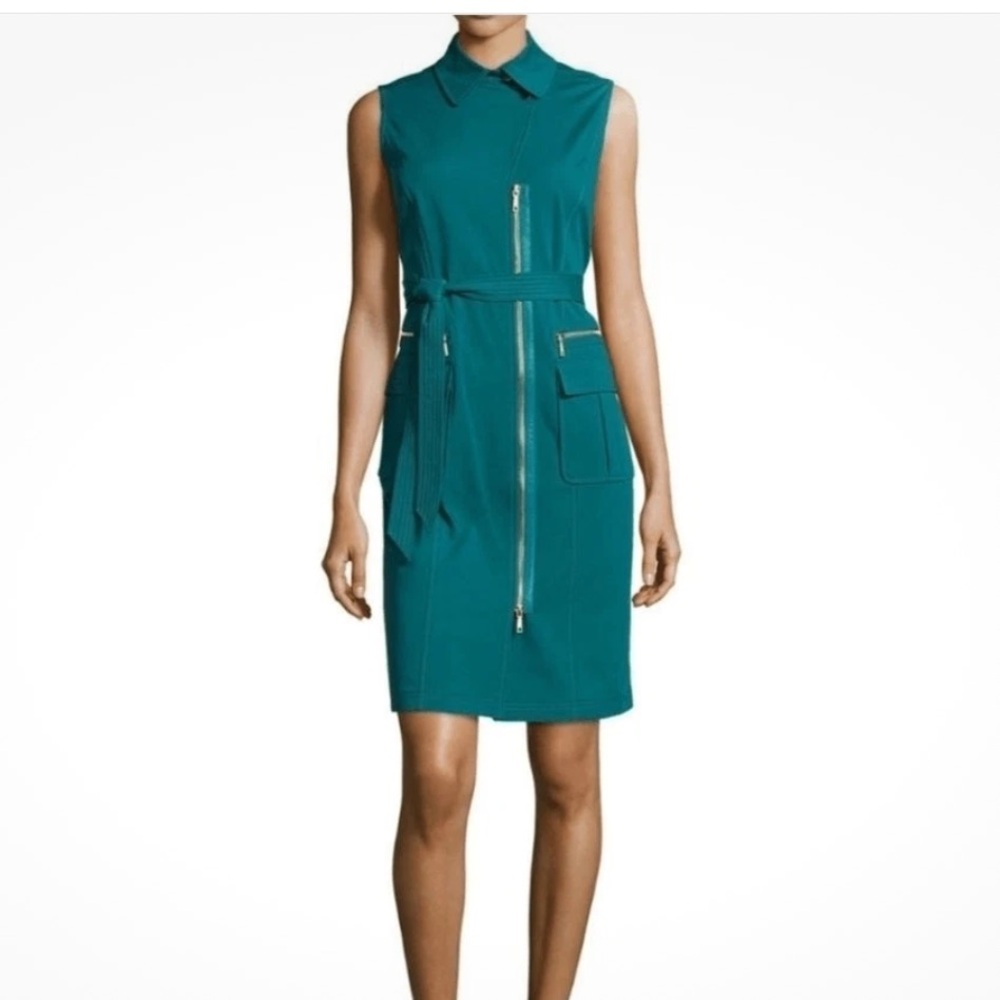 Lafayette 148 New York Teal Zip-Front Starla Sleevesless Shirtdress Dress 14